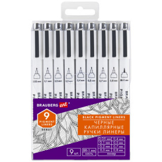 Капиллярные ручки линеры 9 шт., черные, 0,05-0,8 мм / Кисть S, BRAUBERG ART DEBUT