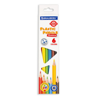 Карандаши цветные BRAUBERG PREMIUM, 6 цветов, пластиковые, трехгранные, грифель 3 мм