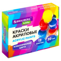 Краски акриловые для рисования и творчества 12 цветов по 20 мл, BRAUBERG HOBBY