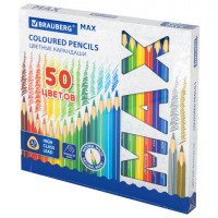 Карандаши цветные супермягкие яркие трехгранные BRAUBERG MAX, 50 цветов, грифель мягкий 3,3 мм