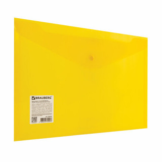 Папка-конверт с кнопкой BRAUBERG А4 до 100 л. прозрачная желтая СВЕРХПРОЧНАЯ 0,18 мм