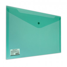 Папка-конверт с кнопкой BRAUBERG, А4, до 100 листов, прозрачная, зеленая, СВЕРХПРОЧНАЯ 0,18 мм